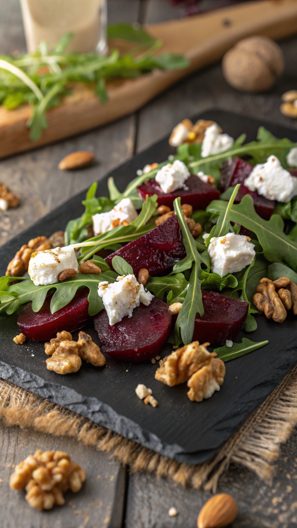 A vibrant roasted beet salad with goat cheese, arugula, and walnuts on a slate plate.