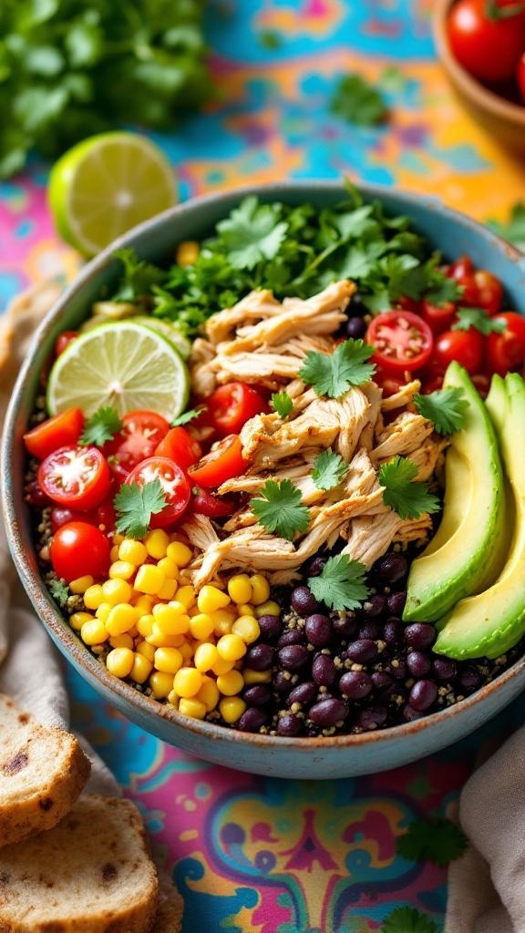 A colorful quinoa bowl with rotisserie chicken, black beans, corn, cherry tomatoes, avocado, and cilantro, garnished with lime.