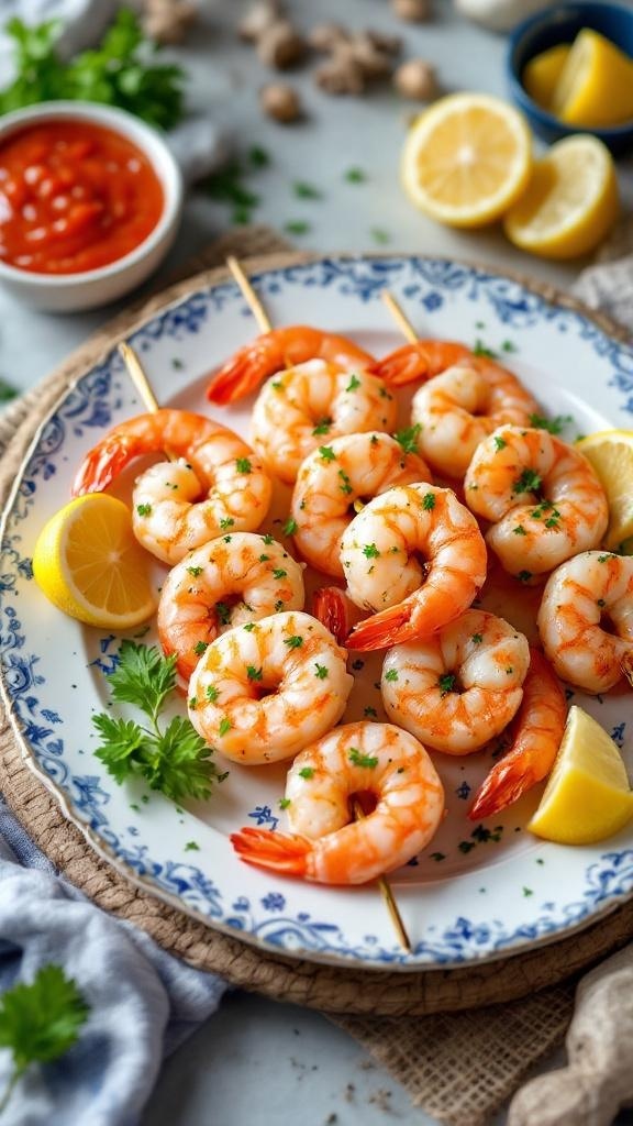 Shrimp cocktail skewers garnished with parsley and lemon wedges on a decorative plate