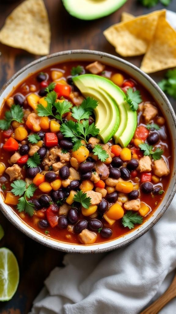 A bowl of turkey and black bean chili topped with avocado slices and cilantro, served with tortilla chips.