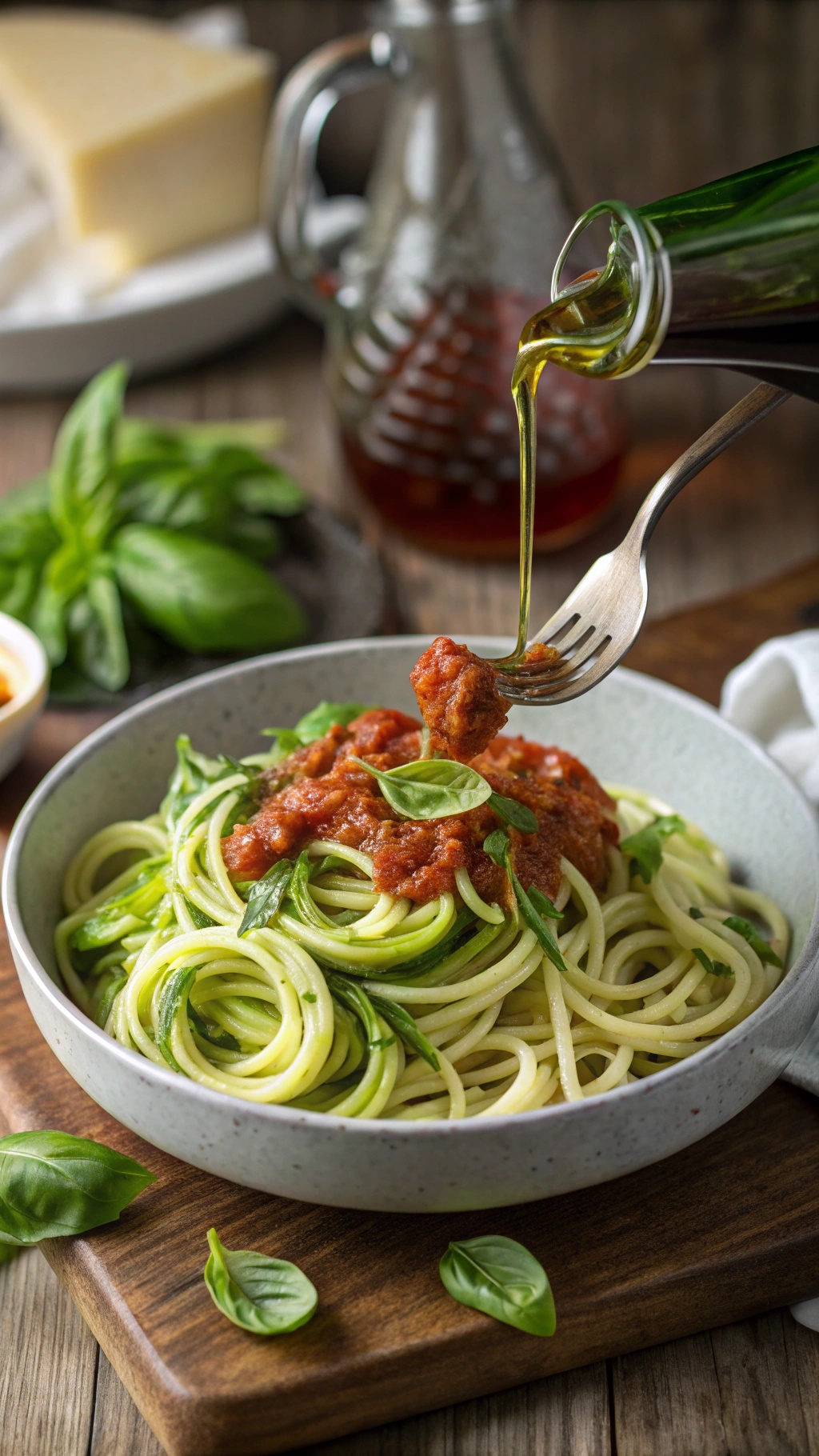 A bowl of zucchini noodles topped with marinara sauce and fresh basil, drizzled with olive oil.