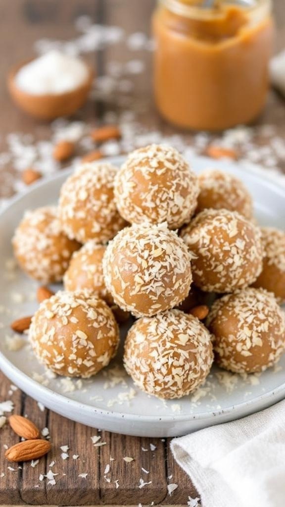 A plate of almond butter energy balls coated in shredded coconut, with a jar of almond butter in the background.