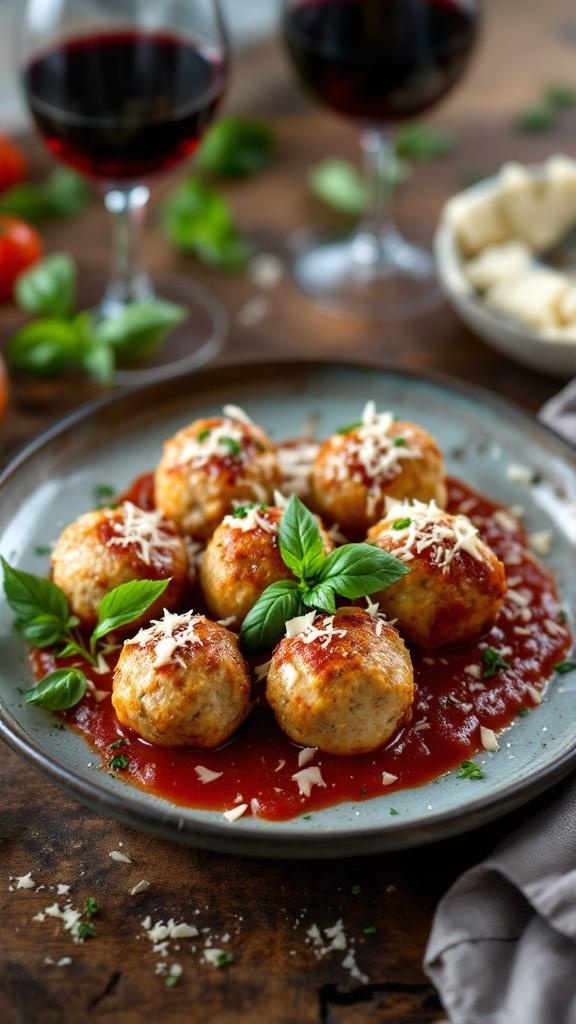 A plate of healthy meatballs in marinara sauce, garnished with basil and cheese, served with red wine in the background.
