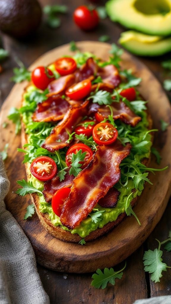 A delicious bacon and avocado toast topped with cherry tomatoes and fresh herbs on a wooden board.