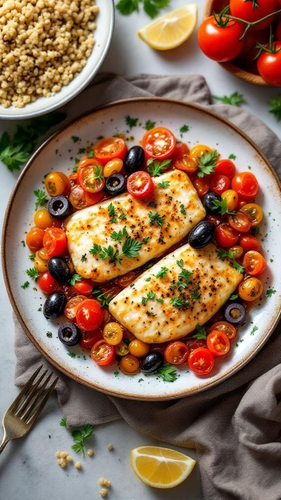 Baked cod fillets served with cherry tomatoes and olives on a plate