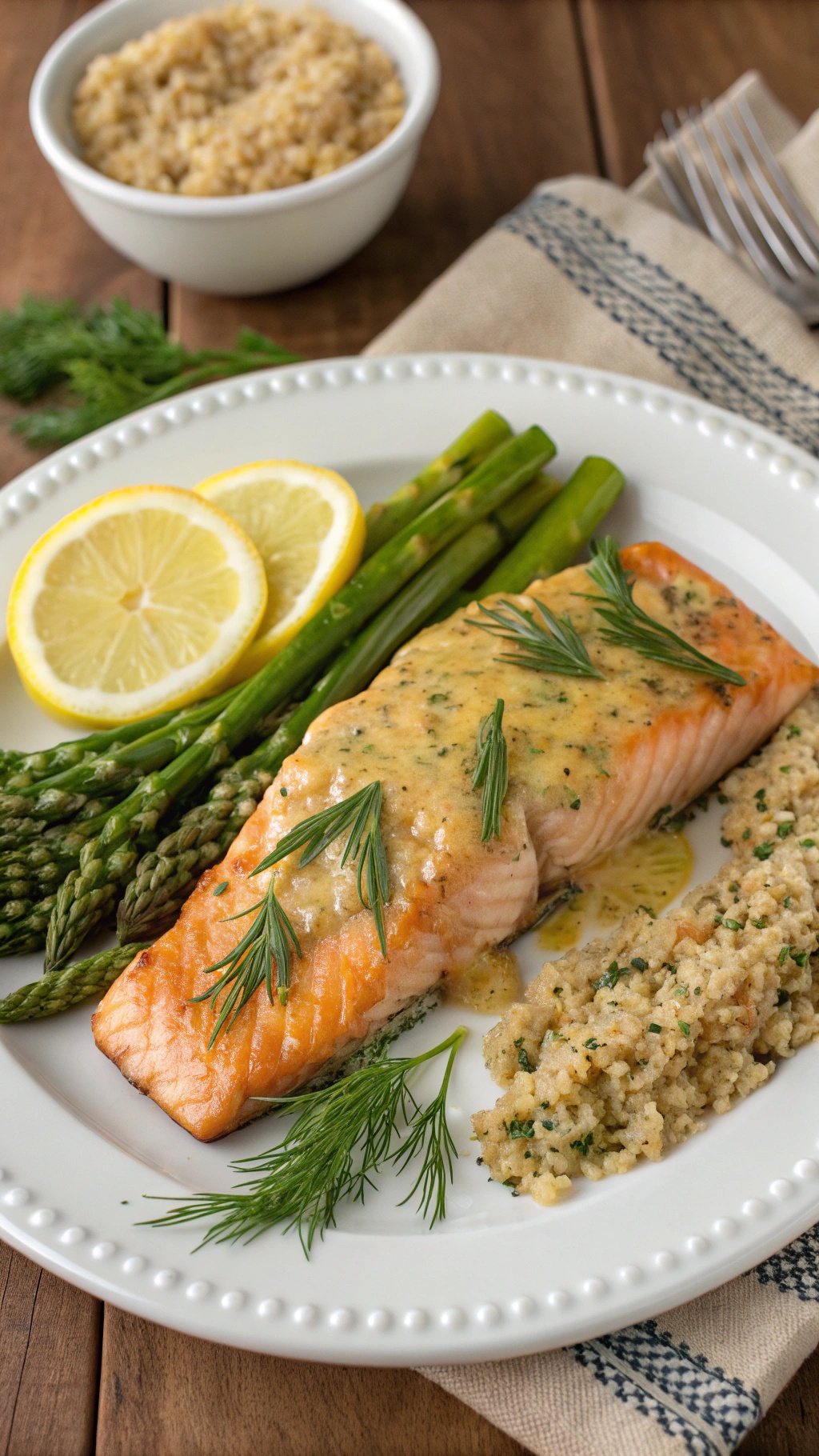 Baked salmon with garlic and Dijon, served with asparagus and quinoa.