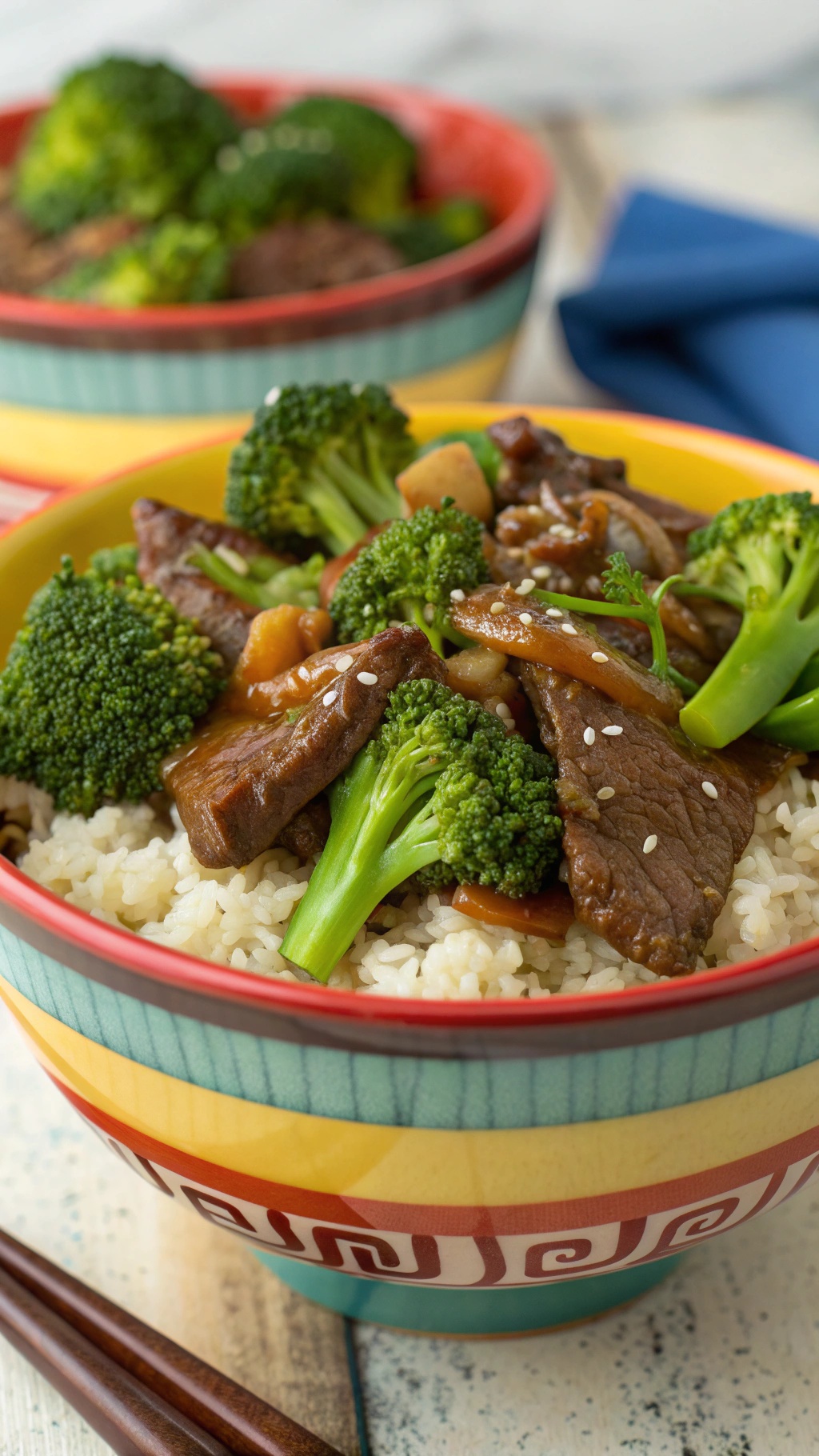 A colorful bowl of beef and broccoli served over rice, garnished with sesame seeds.
