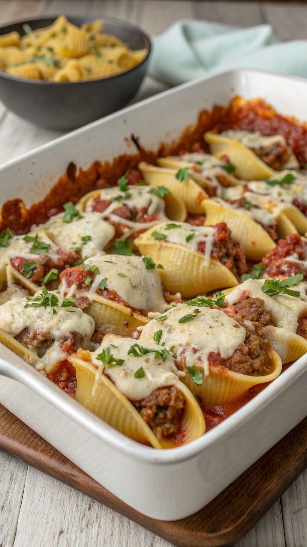A delicious dish of beef and cheese stuffed shells topped with melted cheese and parsley.