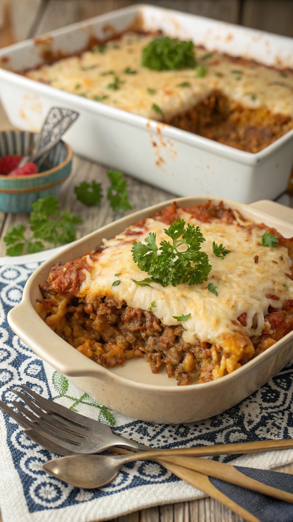 A serving of beef and rice casserole topped with cheese and parsley, served in a baking dish.