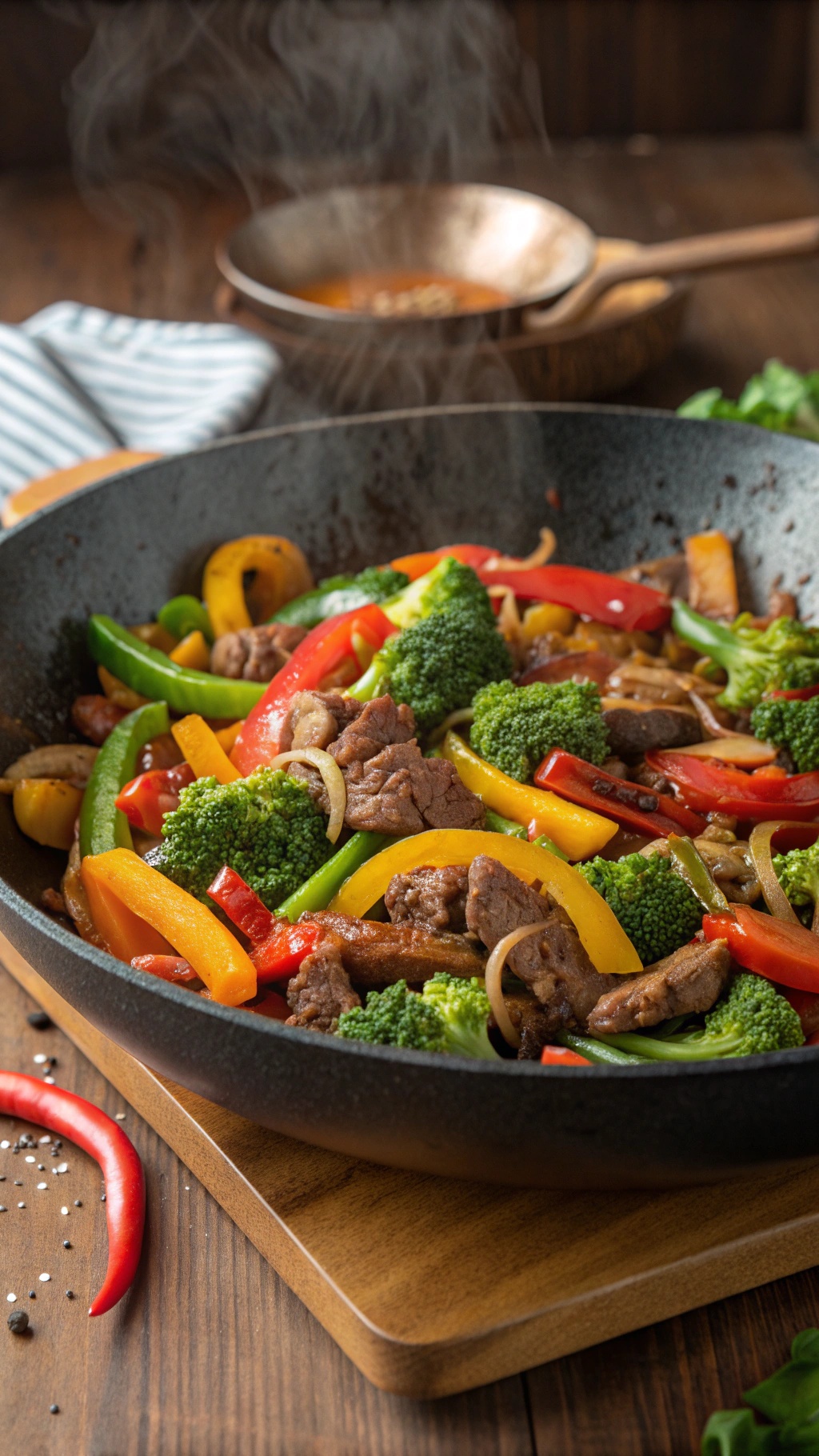 A colorful beef and vegetable stir-fry in a skillet, featuring broccoli, bell peppers, and ground beef.