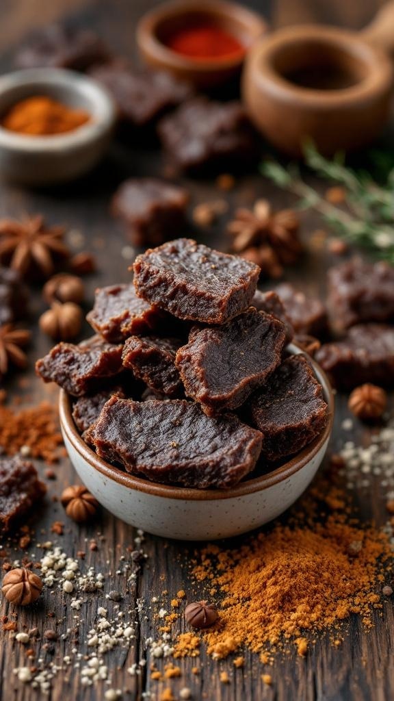 A bowl of beef jerky bites surrounded by spices on a wooden table.