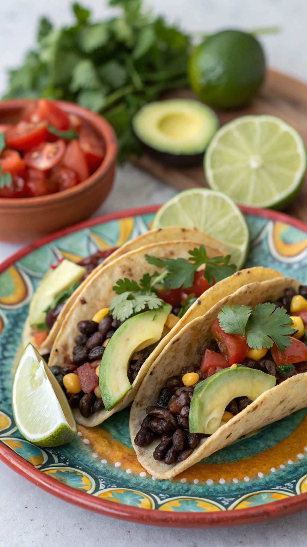 Delicious black bean and corn tacos topped with avocado, tomatoes, and cilantro on a colorful plate with lime slices.