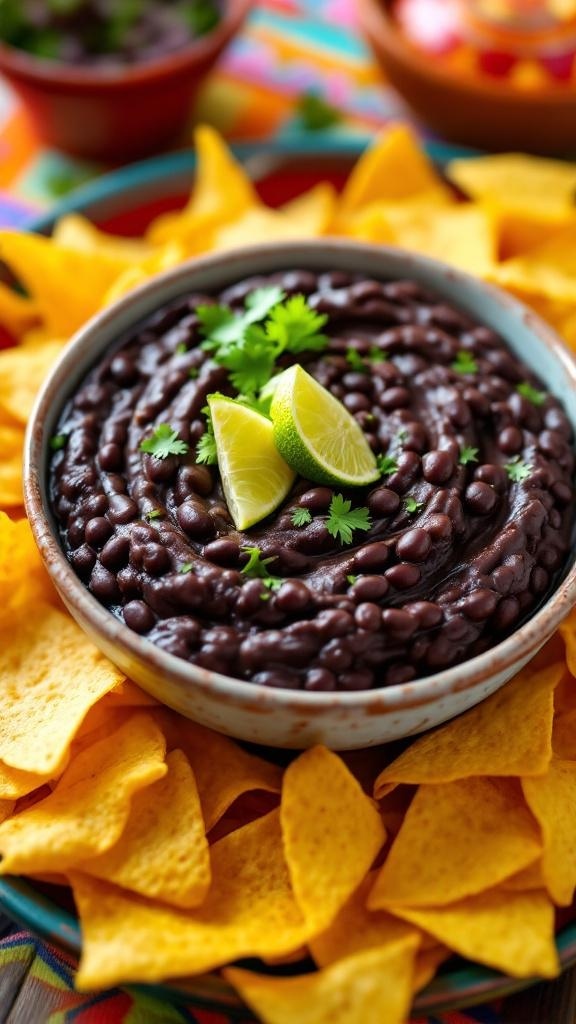 A bowl of black bean dip garnished with lime and cilantro, surrounded by tortilla chips.