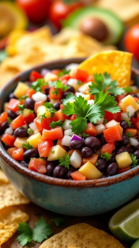 A colorful bowl of black bean salsa with diced tomatoes, onions, and cilantro, surrounded by tortilla chips.