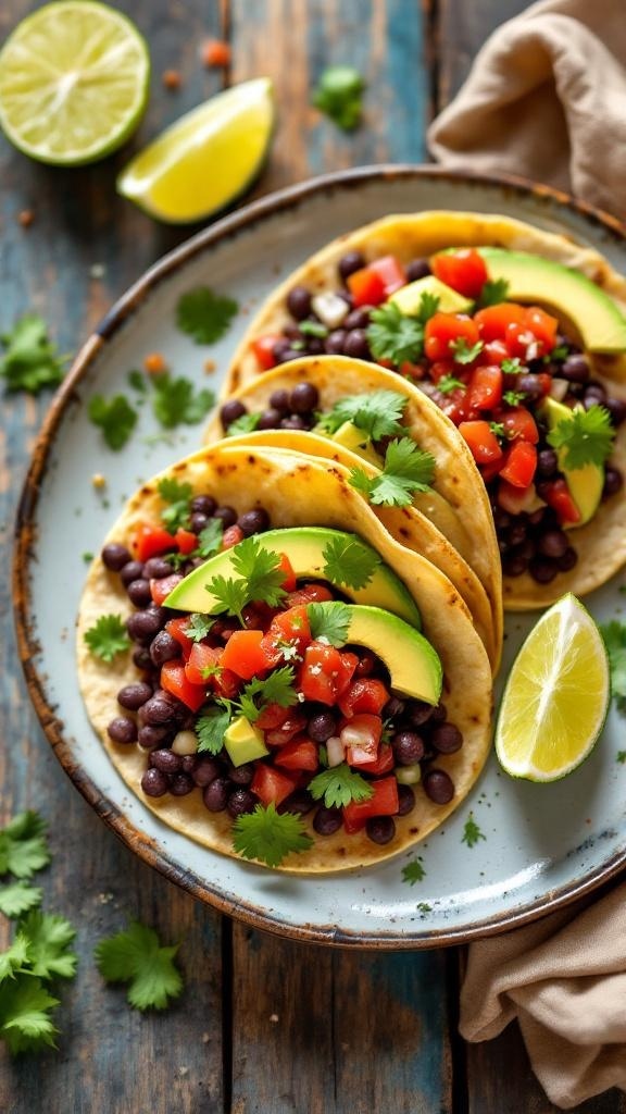 Delicious black bean tacos topped with tomatoes, avocado, and cilantro on a plate with lime wedges.