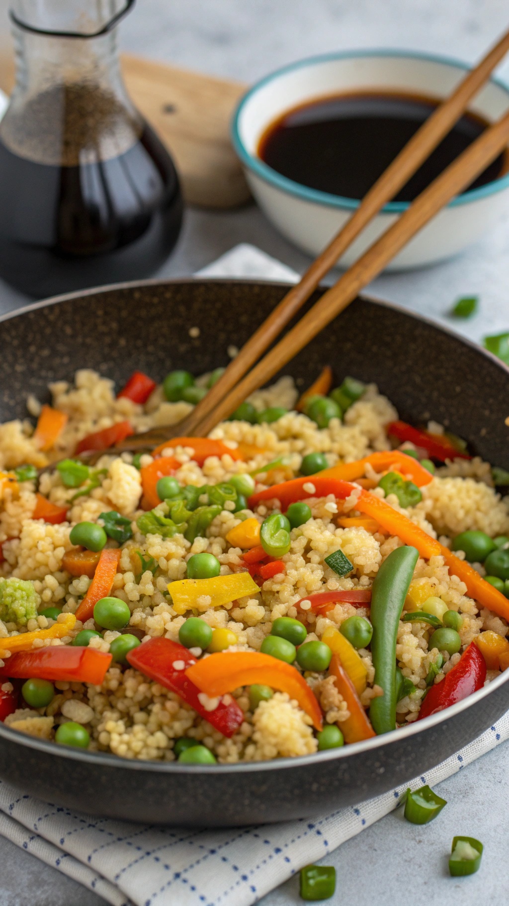 A colorful cauliflower rice stir-fry with various vegetables in a skillet.