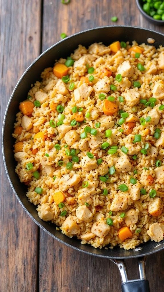 A skillet filled with chicken, cauliflower rice, and colorful vegetables.