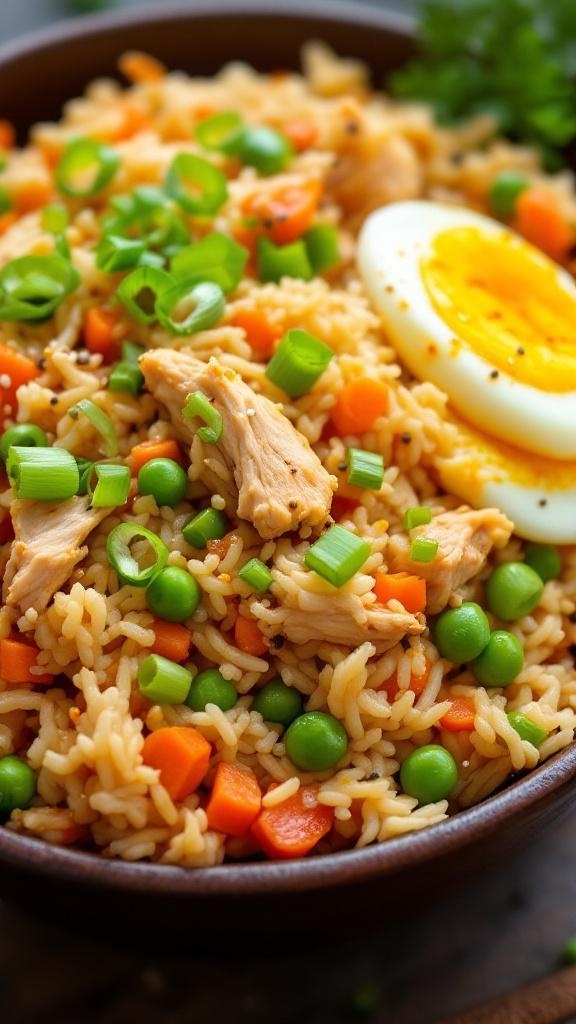 A delicious chicken and vegetable rice bowl with rotisserie chicken, peas, carrots, and a soft-boiled egg on top.