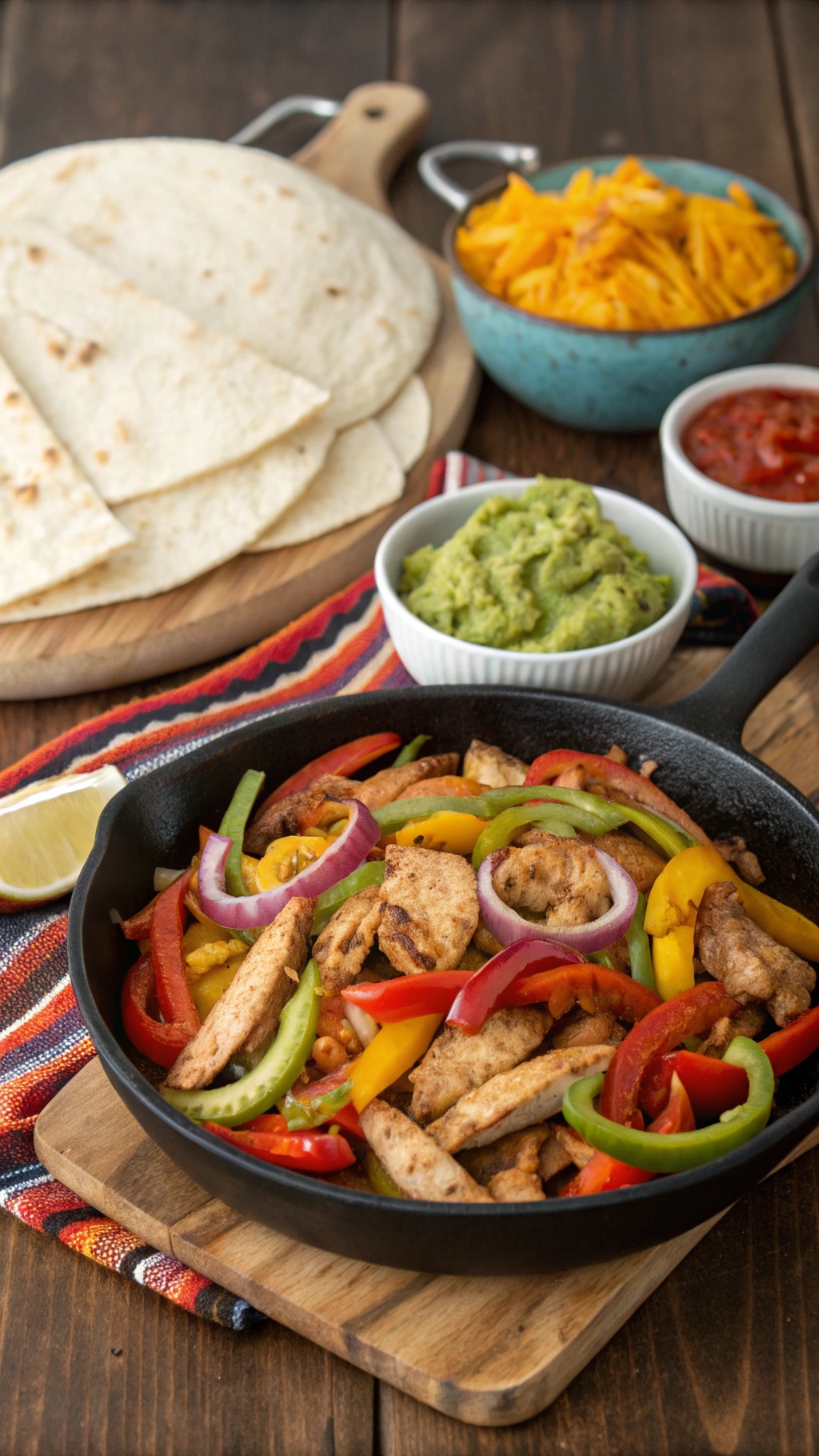 A skillet of chicken fajitas with colorful bell peppers and onions, served with tortillas and toppings.