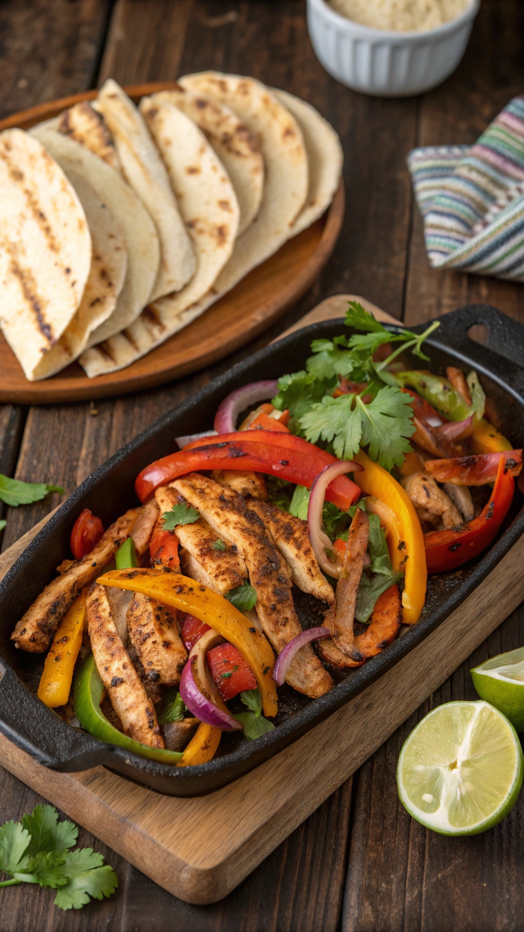 A sizzling platter of chicken fajitas with colorful peppers and onions, served with warm tortillas and lime wedges.