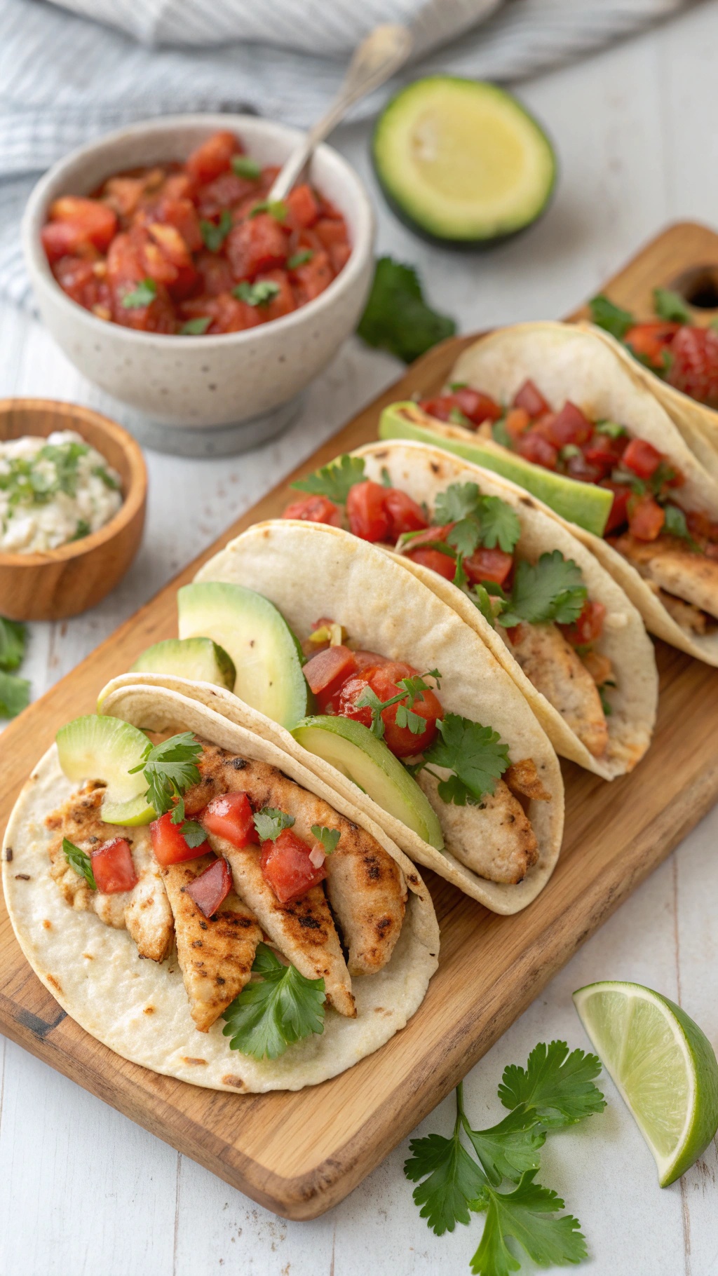Delicious chicken tacos with fresh salsa and avocado slices on a wooden board.