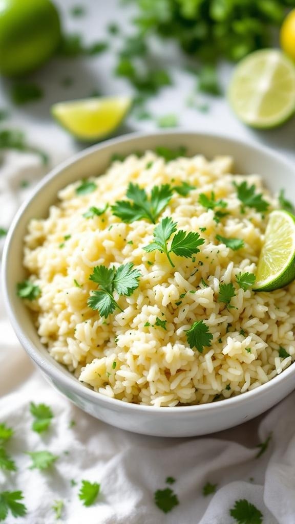 Bowl of cilantro lime rice garnished with cilantro and lime wedges