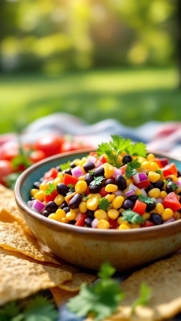 A bowl of colorful corn and black bean salsa surrounded by tortilla chips, set in a sunny outdoor setting.