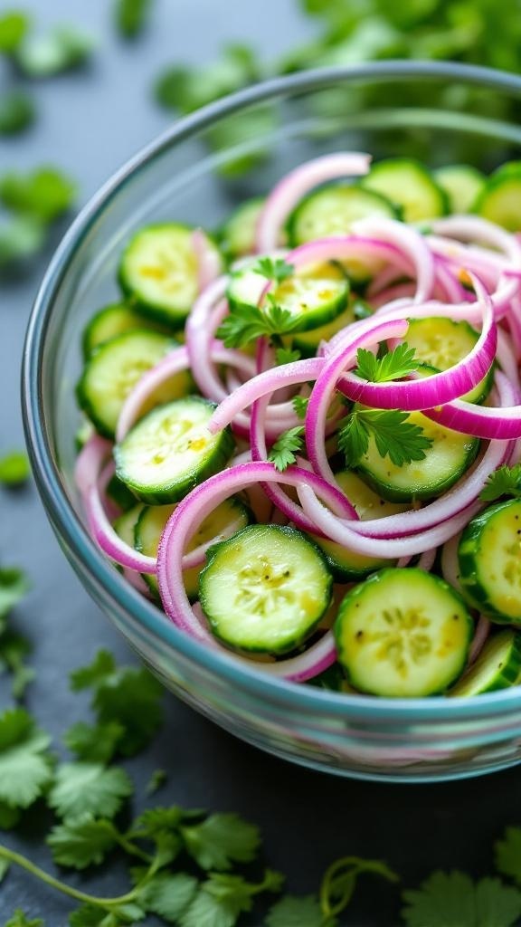 A bowl of cucumber salad with sliced cucumbers, red onions, and cilantro.