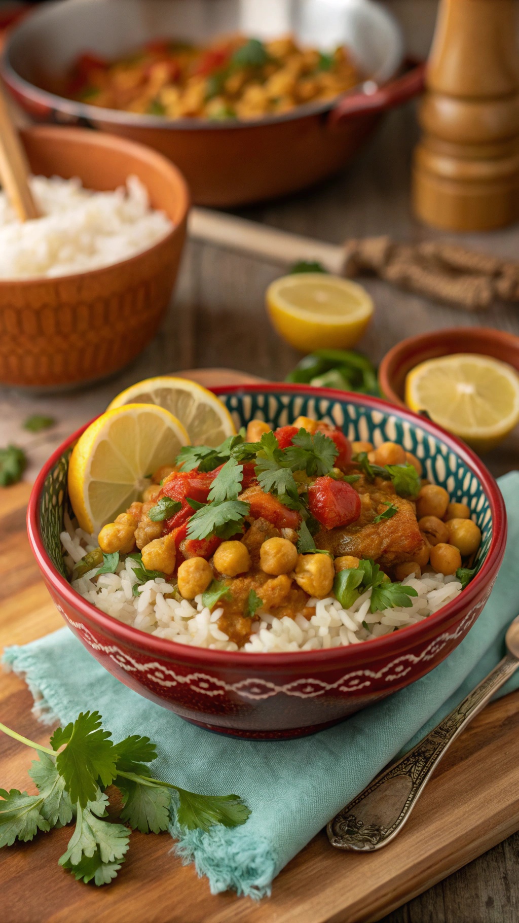 A bowl of curry chickpeas served over rice, garnished with cilantro and lemon slices.