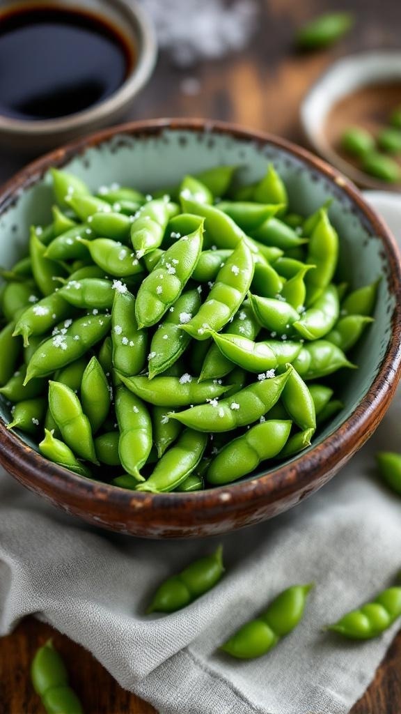 A bowl of edamame sprinkled with sea salt, served with soy sauce.