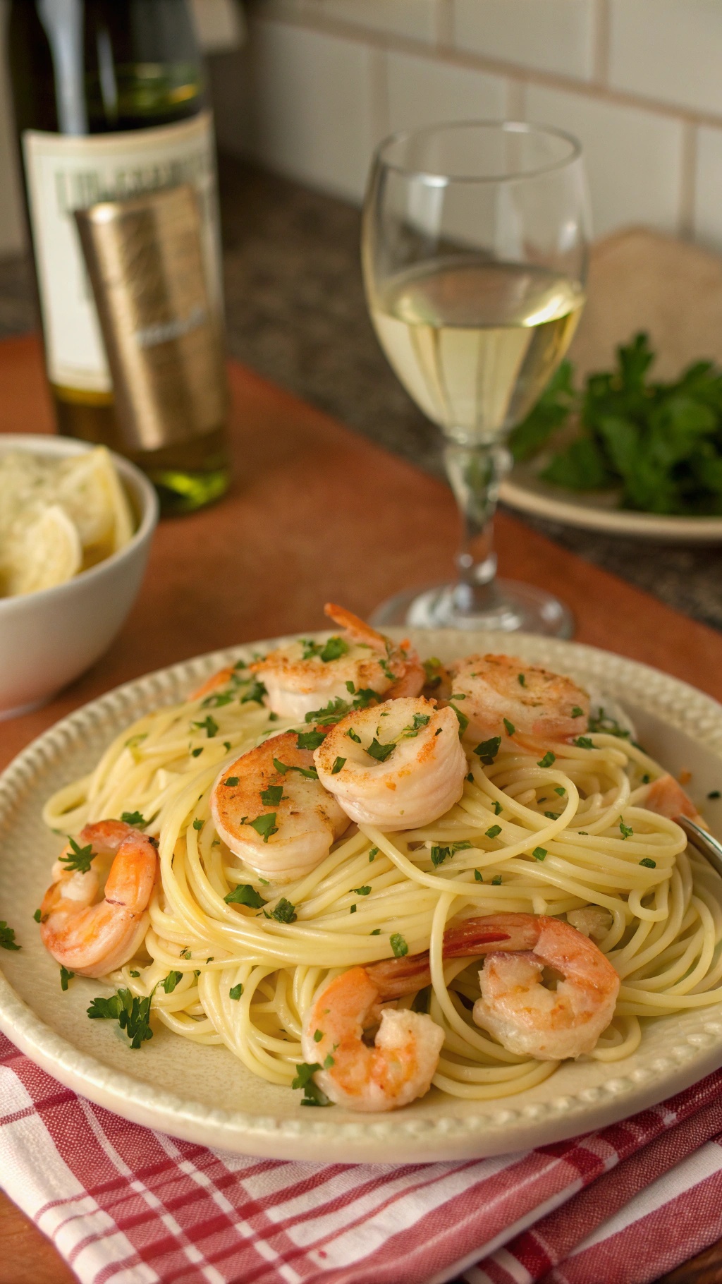 A plate of garlic butter shrimp pasta garnished with parsley, served with a glass of white wine.