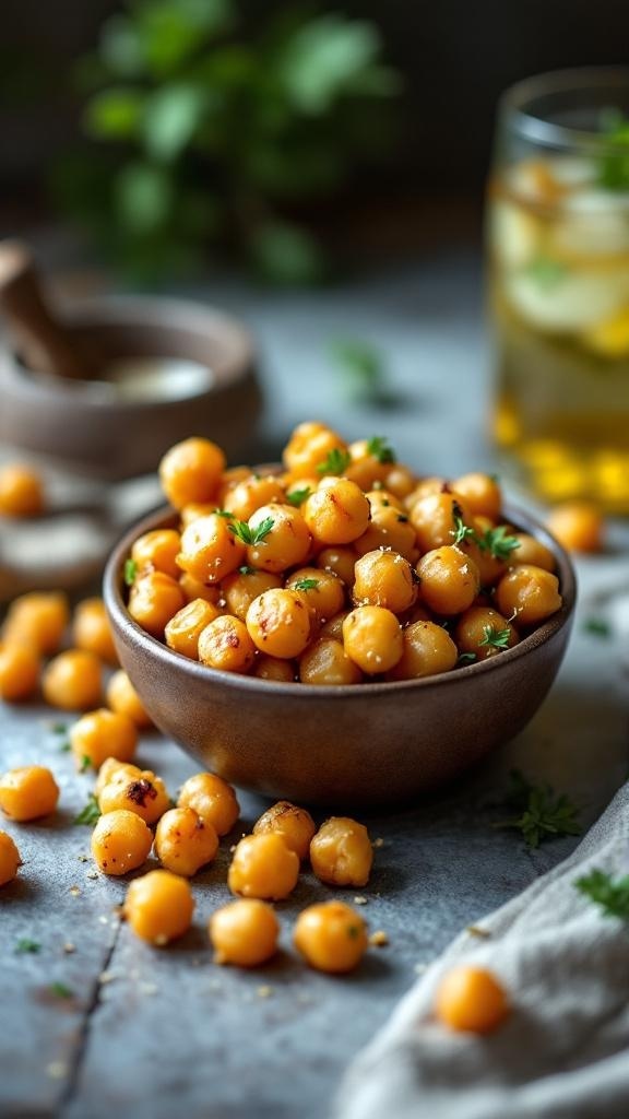 A bowl of garlic Parmesan roasted chickpeas with some scattered around, set against a rustic background.