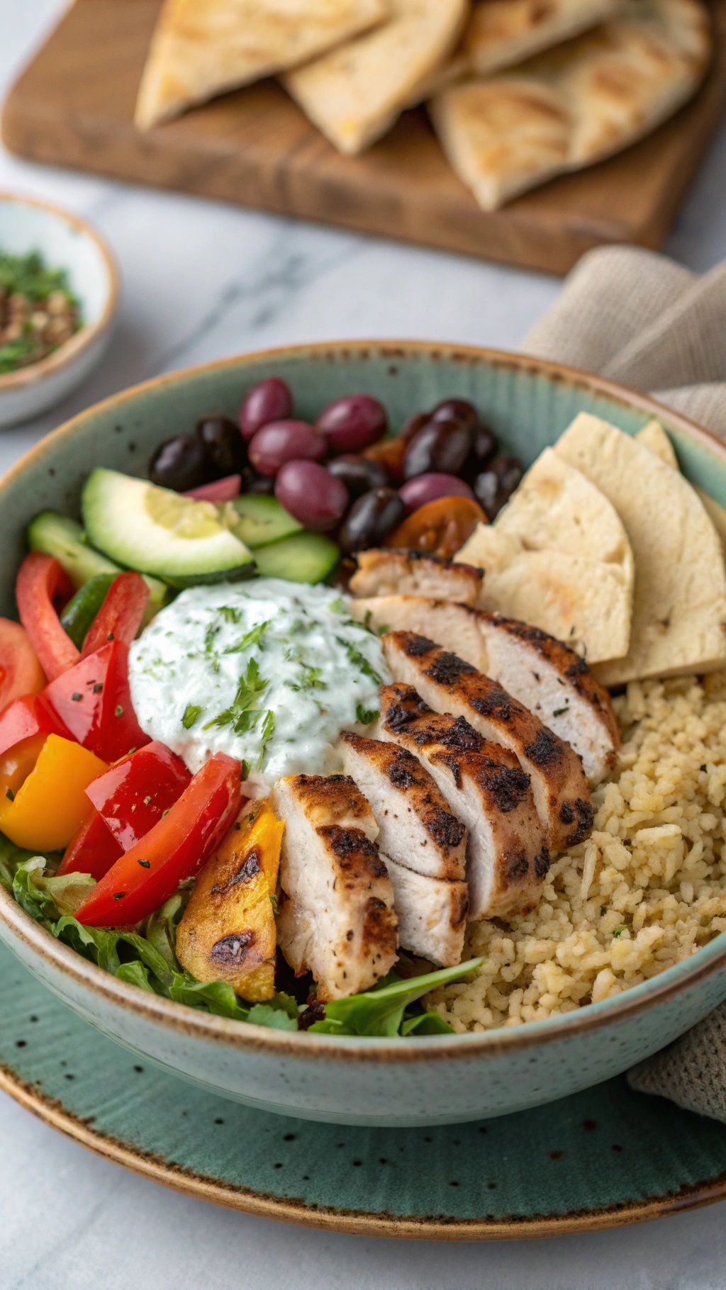 A bowl filled with grilled chicken, couscous, fresh vegetables, and tzatziki sauce.
