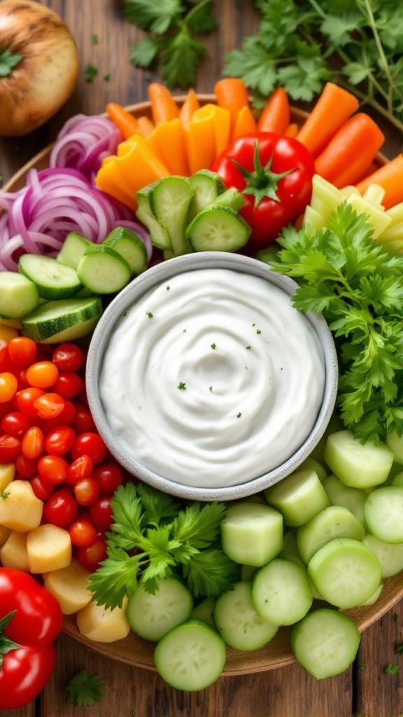 A bowl of Greek yogurt dip surrounded by fresh vegetables like cucumbers, carrots, and tomatoes.