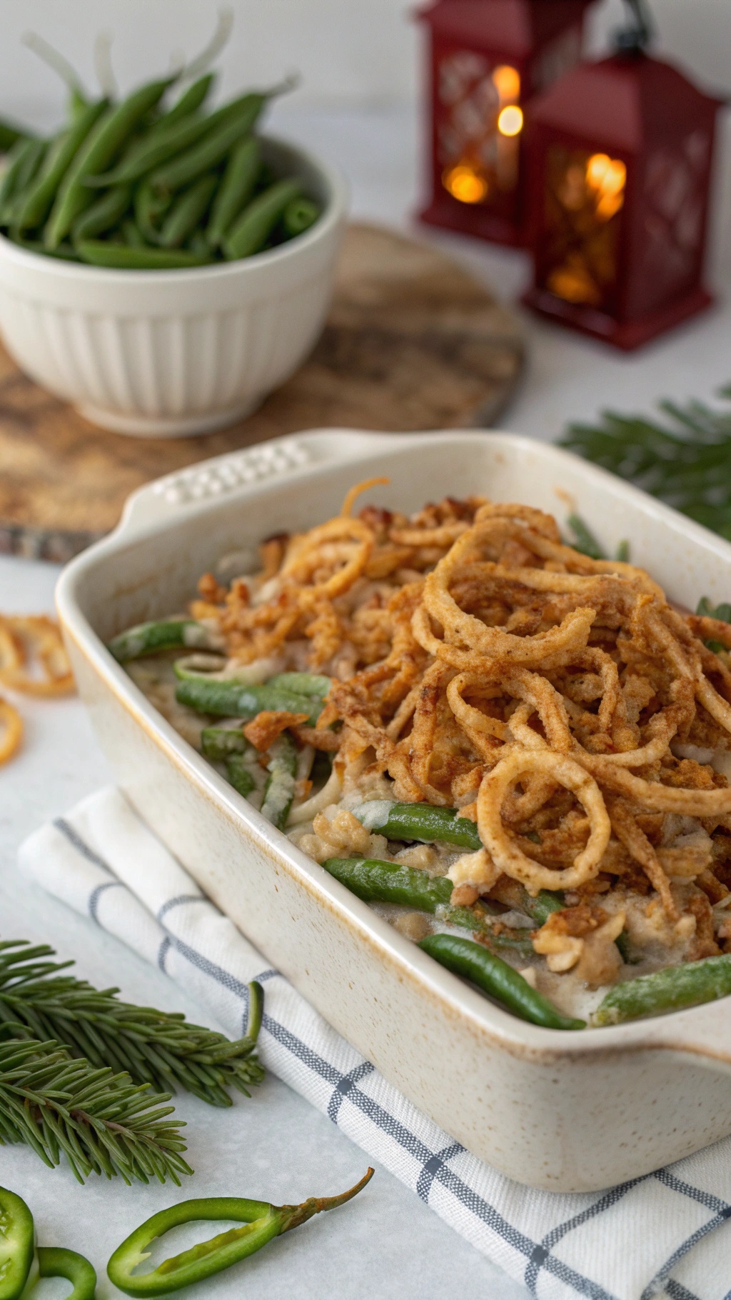 A delicious green bean casserole topped with crispy onion rings, surrounded by fresh green beans and festive decorations.