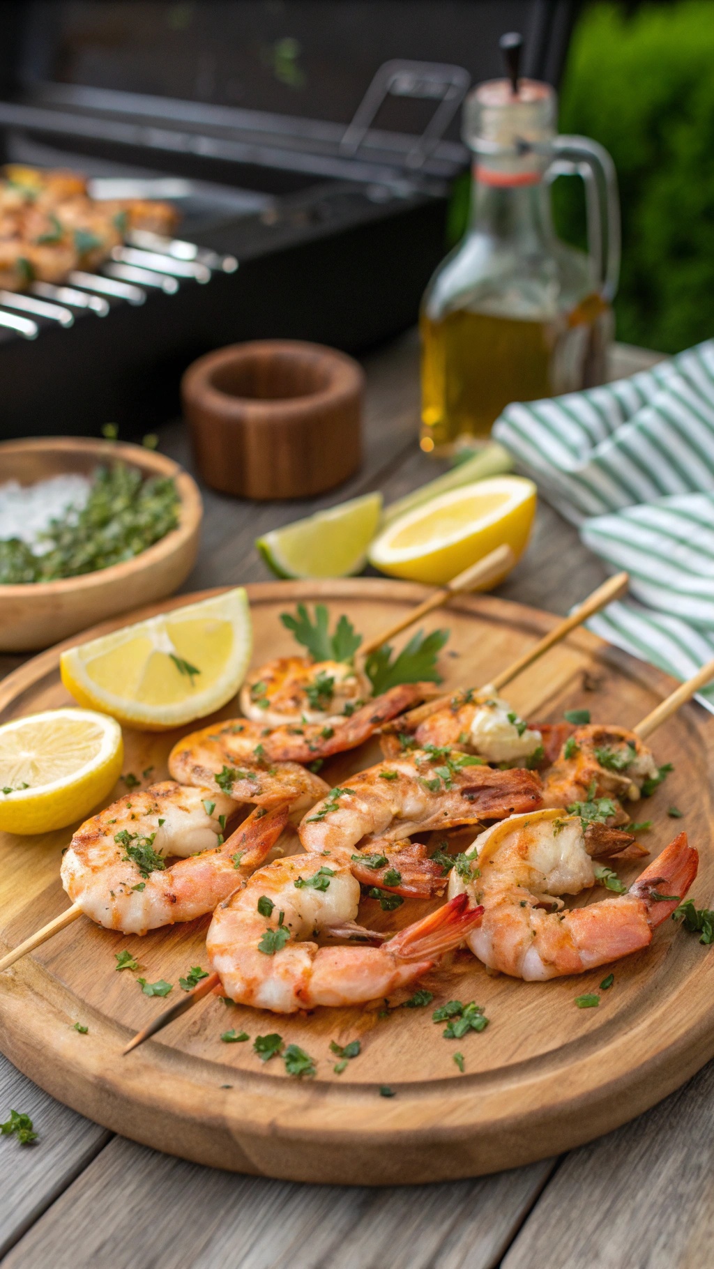 Grilled shrimp skewers with garlic and herbs on a wooden platter, garnished with lemon wedges and fresh herbs