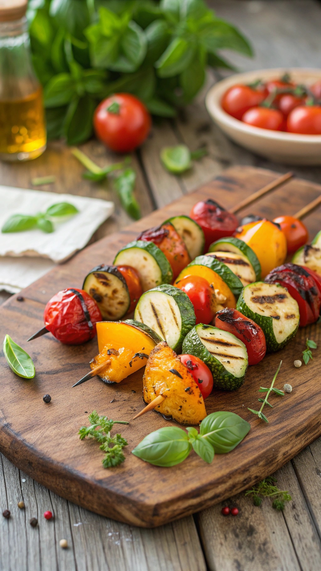 Colorful grilled vegetable skewers on a wooden board with fresh herbs and tomatoes.