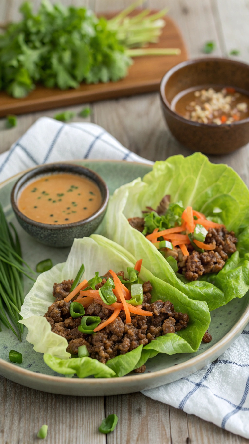 Ground beef lettuce wraps with carrots and green onions on a plate