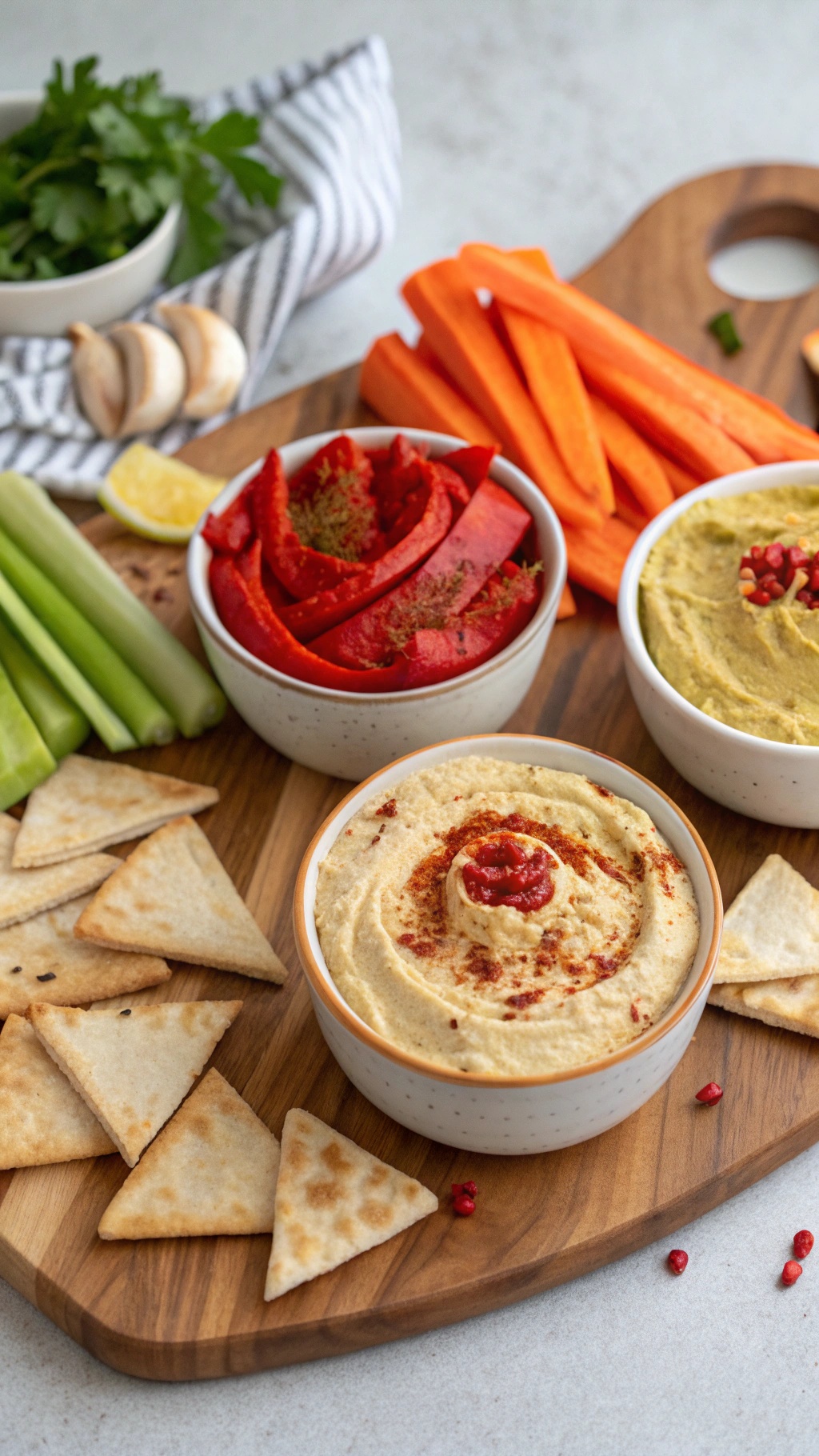 A wooden platter with three bowls of hummus, fresh vegetables, and pita chips.