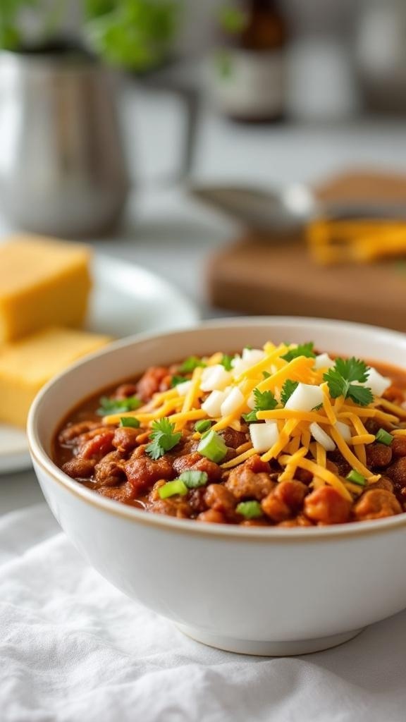 A bowl of turkey chili topped with cheese, onions, and cilantro, with cornbread in the background.
