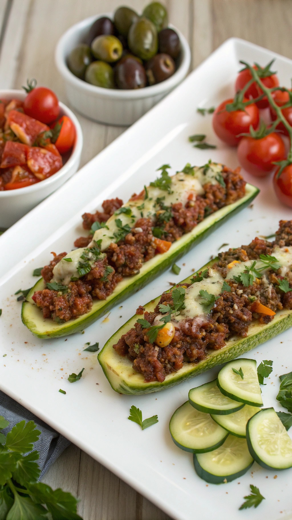 Mediterranean Beef Zucchini Boats with fresh ingredients on a plate