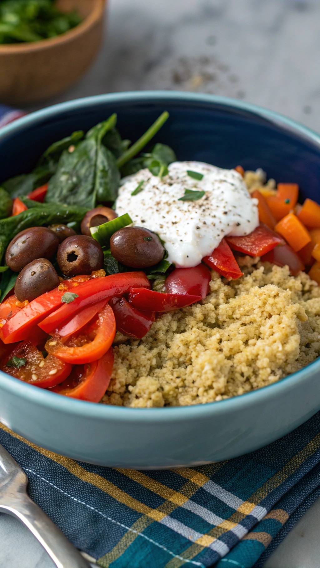 A colorful Mediterranean quinoa bowl with vegetables and yogurt
