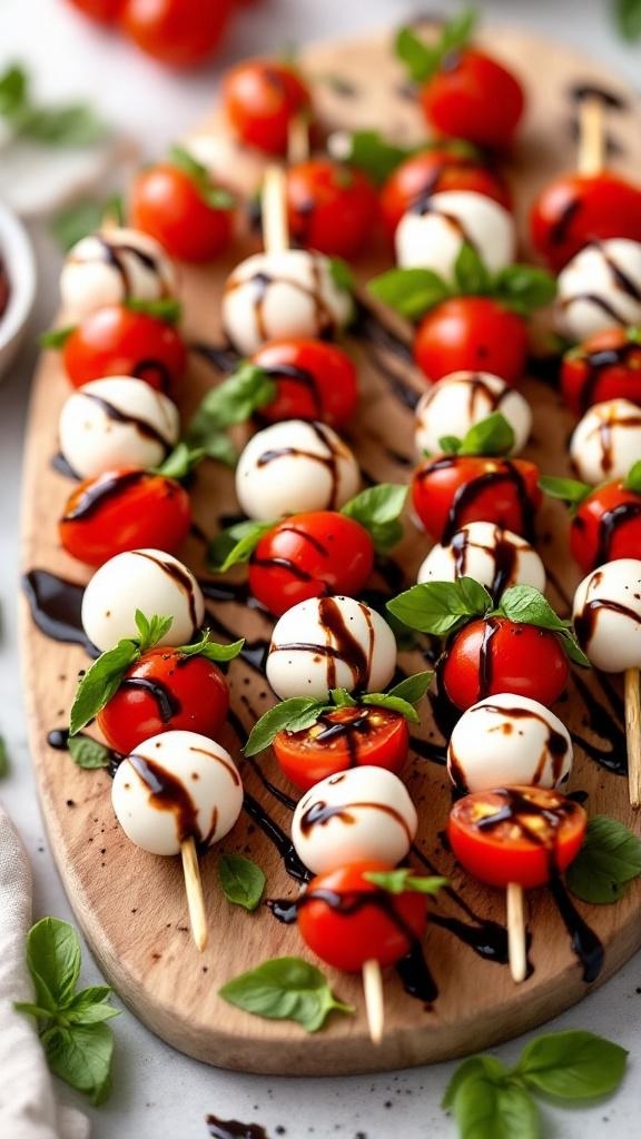 Mini Caprese skewers with cherry tomatoes, mozzarella balls, and basil on a wooden platter.