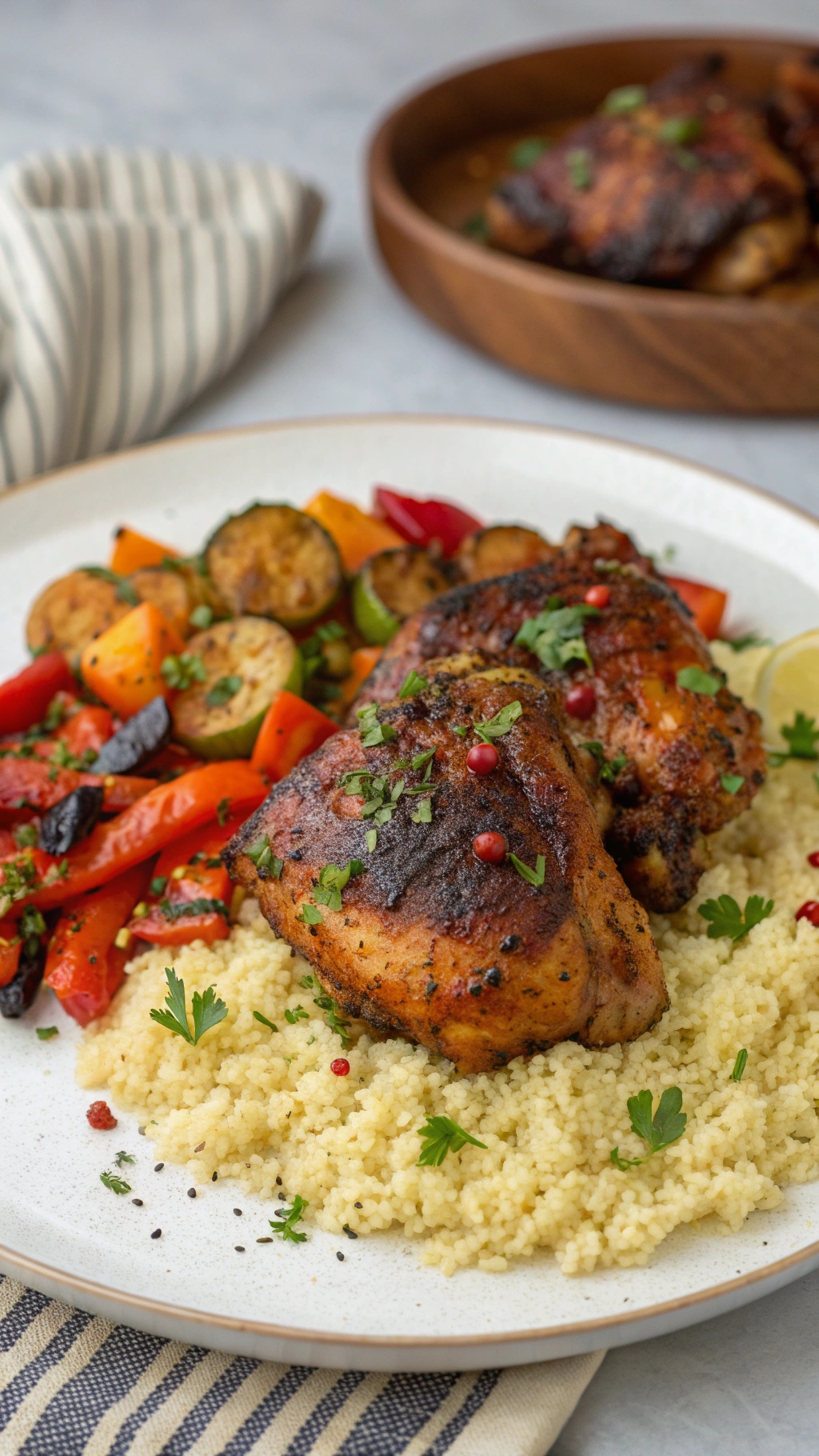 Moroccan spiced chicken thighs served with couscous and roasted vegetables