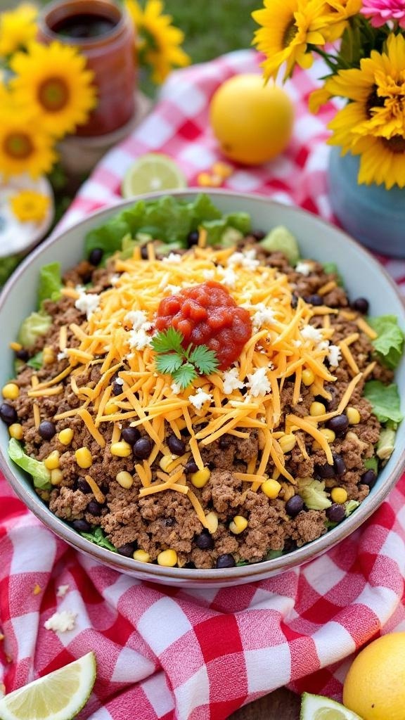 A colorful no-bake taco salad with ground beef, black beans, corn, and cheese, garnished with salsa and cilantro, set against a picnic backdrop.