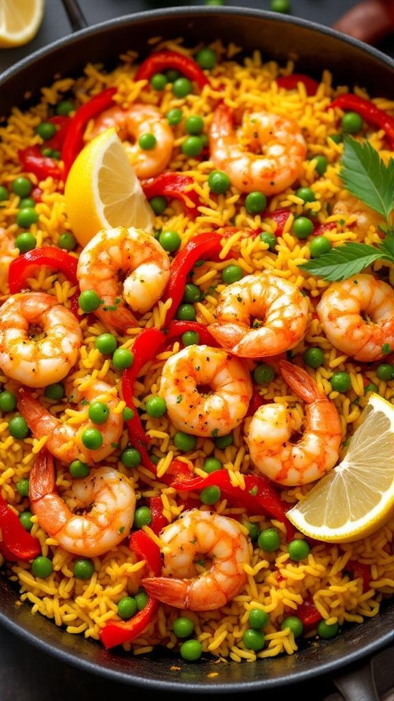 A vibrant one-pot shrimp paella with shrimp, yellow rice, peas, and red bell peppers garnished with lemon wedges.