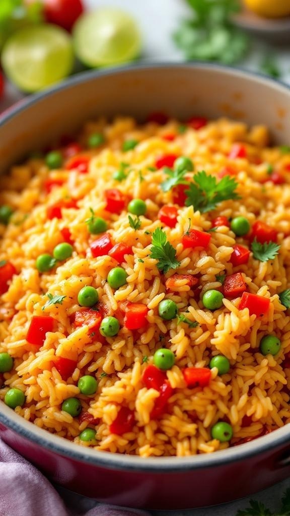 A bowl of colorful Spanish rice with red peppers and green peas.