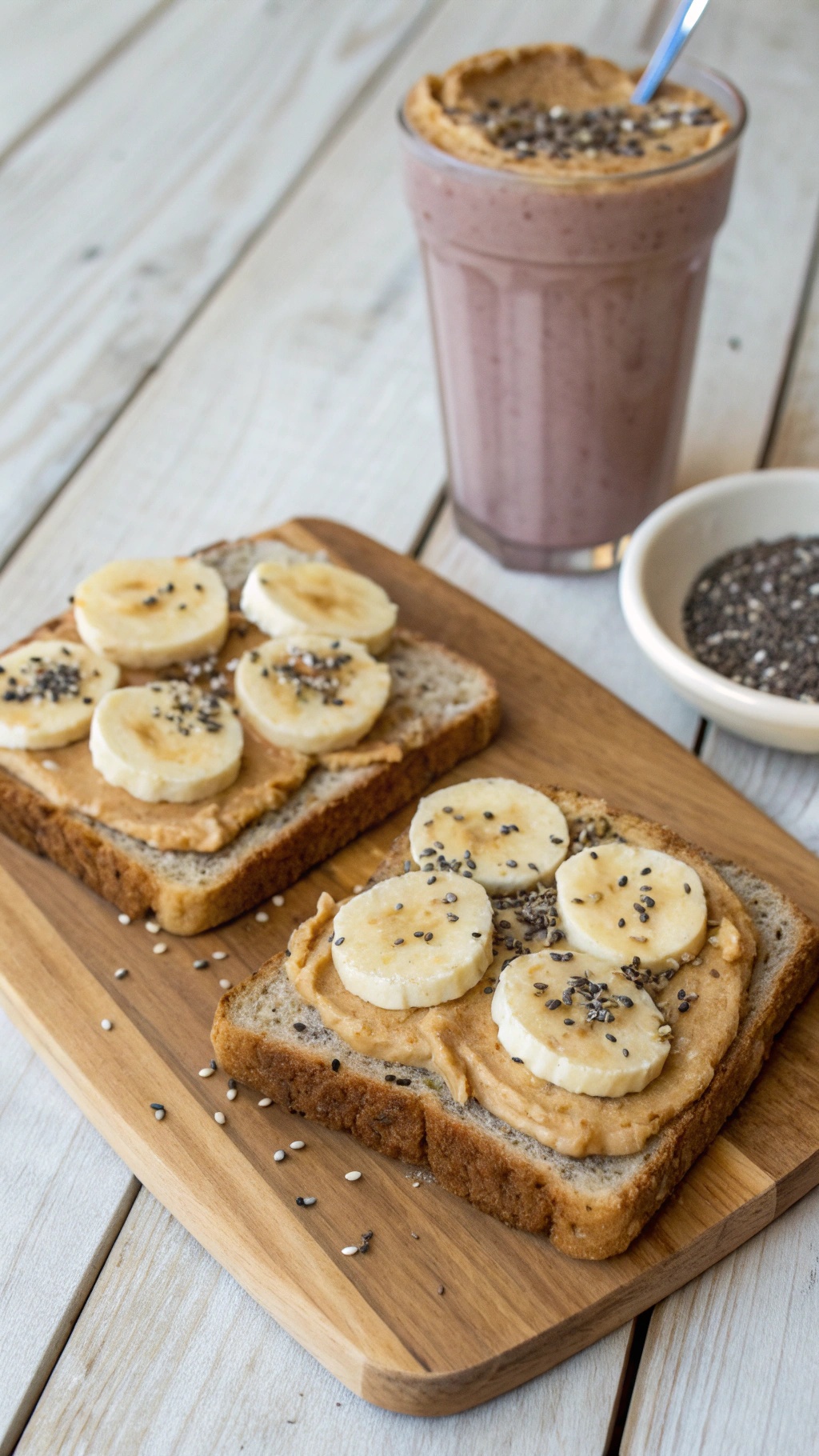 Peanut butter banana toast on a wooden board with chia seeds and a smoothie in the background