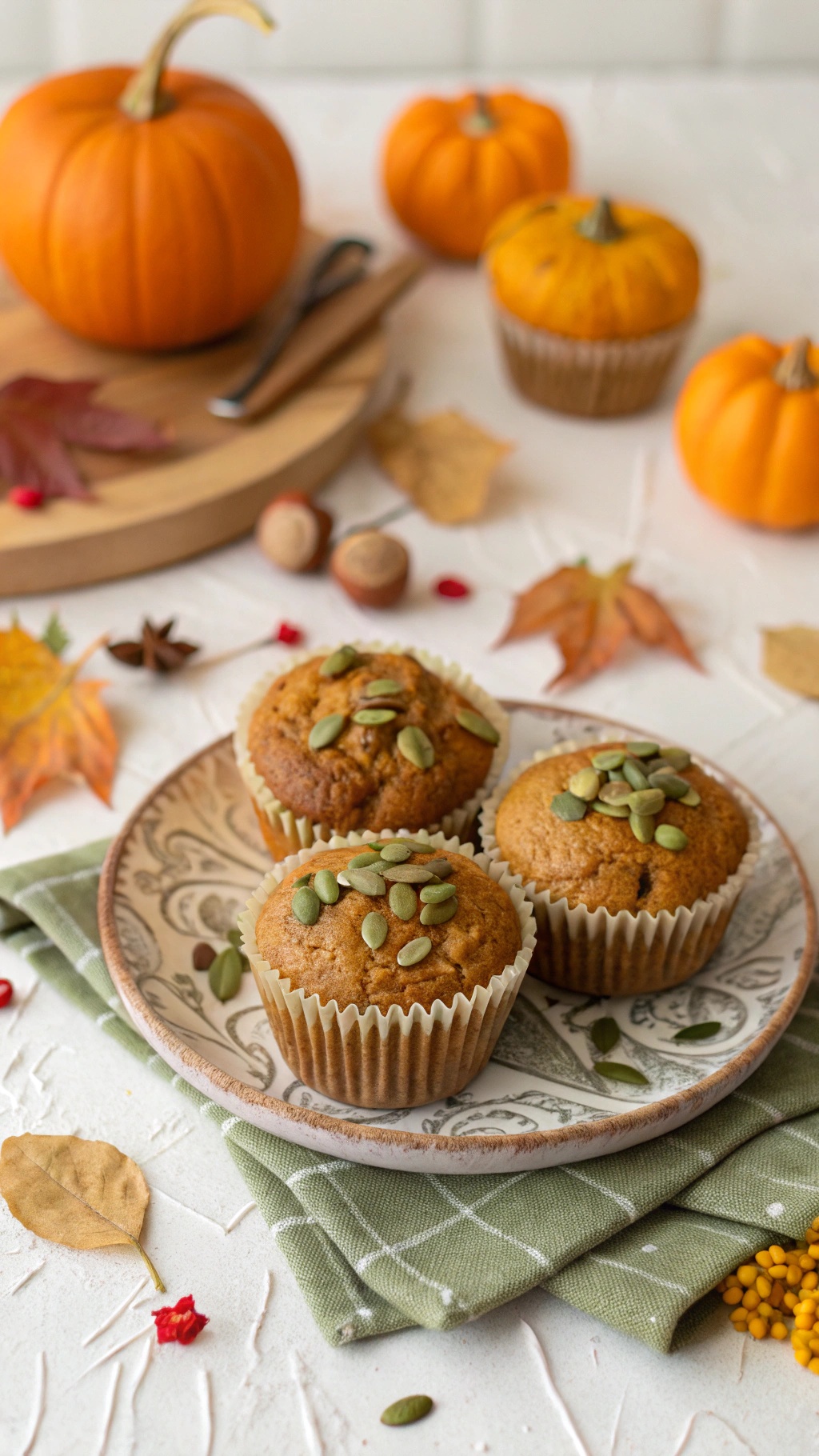 Pumpkin protein muffins on a decorative plate with pumpkins and autumn leaves in the background.