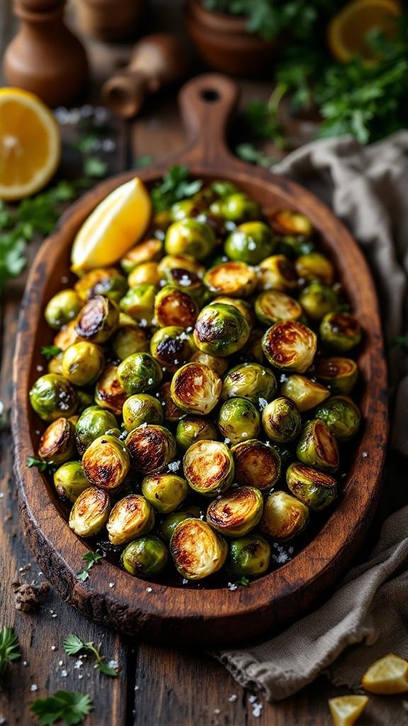 A wooden platter filled with roasted Brussels sprouts, garnished with lemon wedges and herbs.